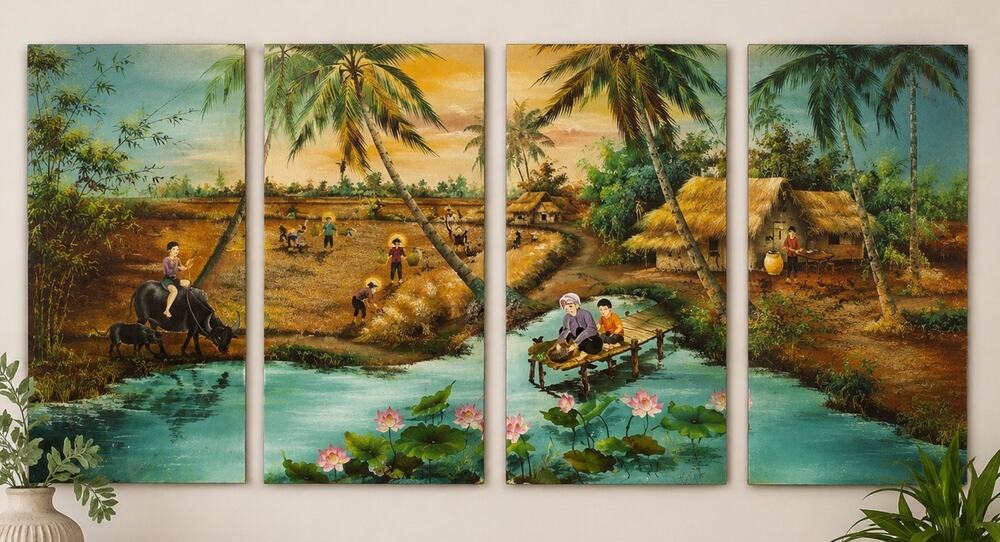 Vintage Vietnamese Hand Painted Village Landscape Four Panel Wall Art